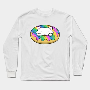 Cute white kitten eating a yummy looking rainbow doughnut with sprinkles on top of it Long Sleeve T-Shirt